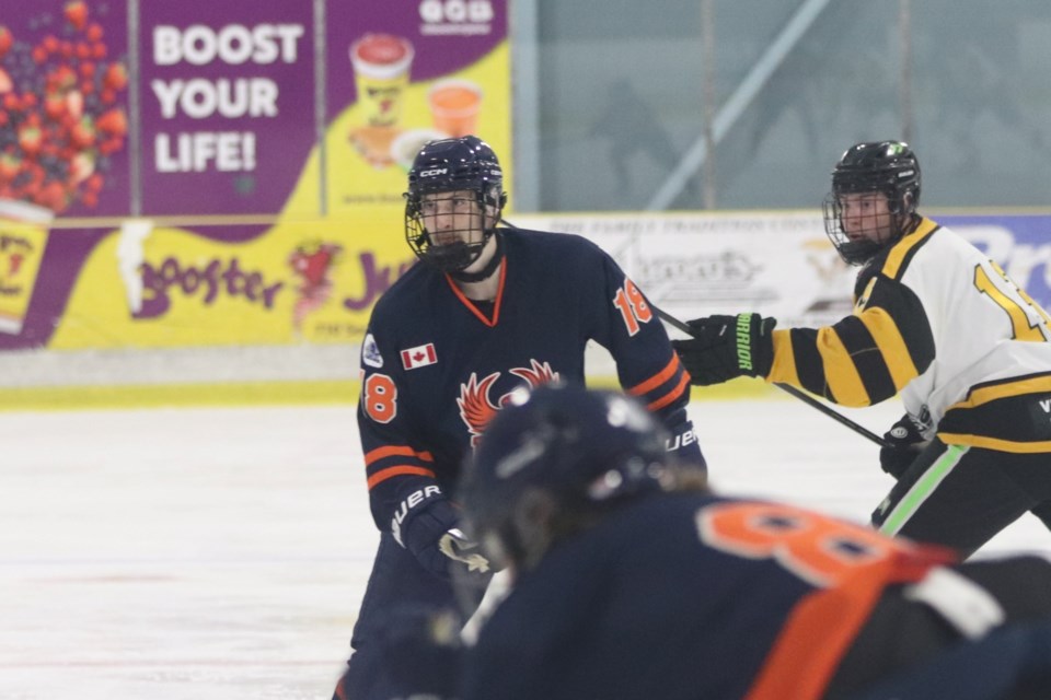 NOJHL exhibition action between the Soo Thunderbirds and Soo Eagles at the John Rhodes Community Centre on Aug. 31, 2024.