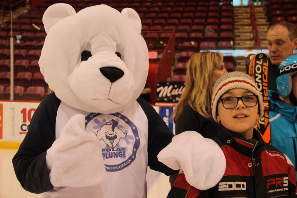 Athlete Miguel Bedard with Plungey the Polar Bear, Special Olympics Ontario 2019 Provincial Winter Games mascot at the Essar Centre, Jan. 30, 2018. Darren Taylor/SooToday