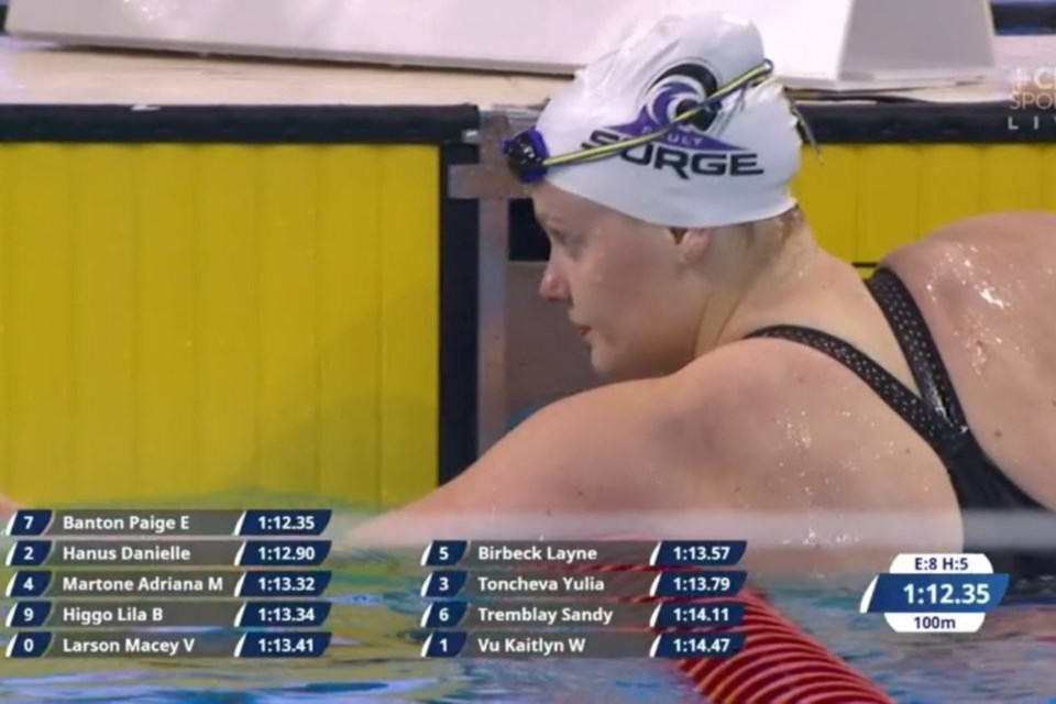 Sault Ste. Marie's Paige Banton moments after her heat win in the 100m breaststroke at the Olympic Trials.