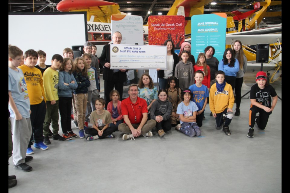 Sault North Rotary presented a cheque for $15,000 for Gr. 6 schoolchildren - like those from Kiwedin Public School pictured here - to study in the Canadian Bushplane Heritage Centre’s Gr. 6 Flight Education Program and other programming for Gr. 4 students, Feb. 7, 2024. 