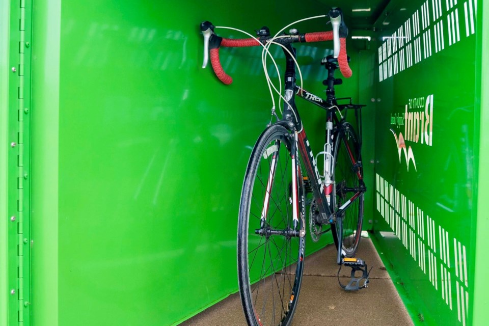 The pilot project will provide two of these Cycle Sitters, supplied by Greenspoke Bike Parking Solutions of Paris, Ont. Each weather-resistant Sitter can securely hold two bicycles 