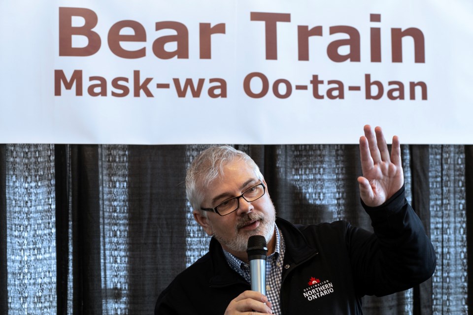 David MacLachlan, executive director of Destination Northern Ontario, announces the result of a study that lays out the funding needed to get passenger rail service restored from Sault Ste. Marie to Oba Lake.