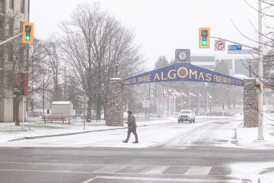 Looking toward the welcome arch during a dusting of snow on Nov. 25, 2024.