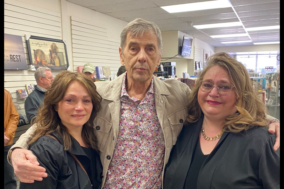 Retired judge Norman Douglas (centre) was the Crown Attorney who prosecuted Russell Colwell, who murdered 14-year-old Patrizia Mastroianni inside a Korah Collegiate bathroom on Oct. 14, 1987. He is pictured here in April 2024 with Mastroianni's sisters Tiziana Palumbo (left) and Carmela Roznik.