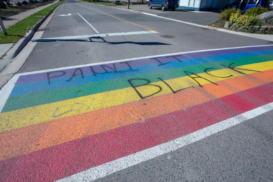 The Pride crosswalk in Sault Ste. Marie, pictured on Sept. 28, 2024, has been vandalized for the second time in less than three months.