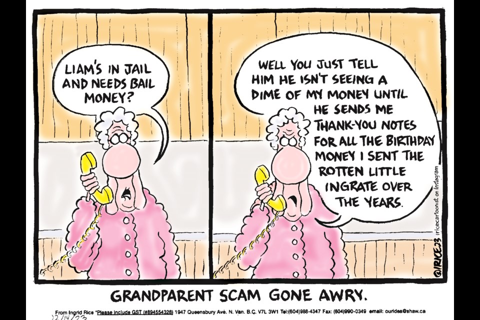 Political cartoonist Ingrid Rice takes aim at the recent spat of so-called grandparent scams. 
