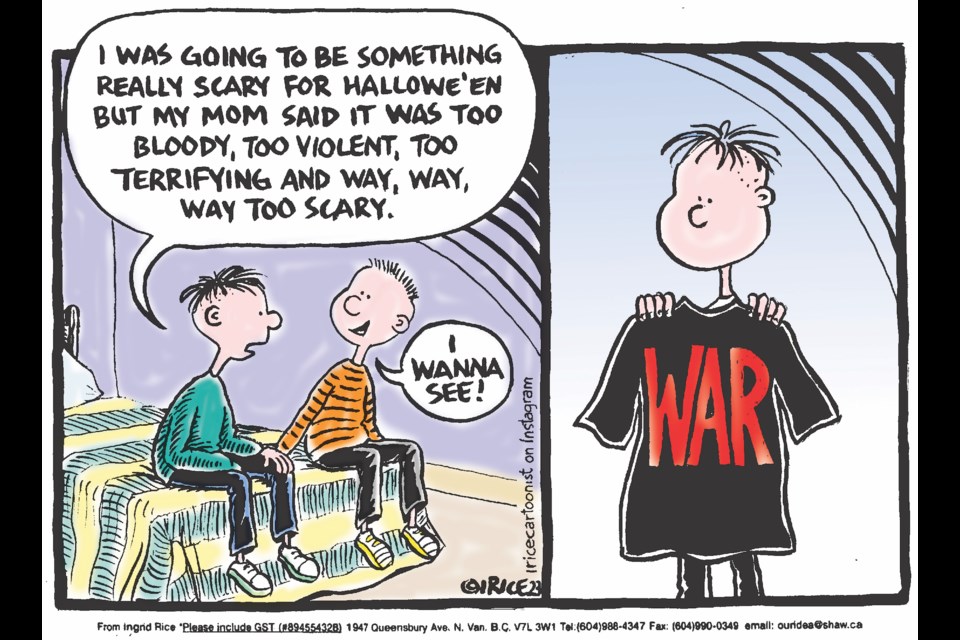 Our political cartoonist references the horrors war.