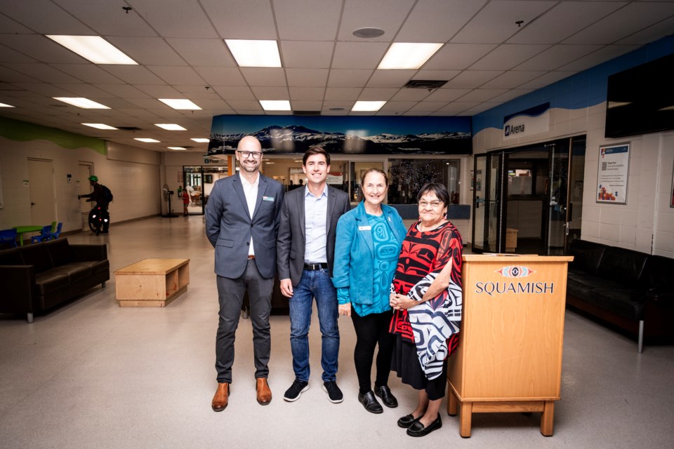 Left to right, ߣmayor Armand Hurford, Member of Parliament for West Vancouver—Sunshine Coast—Sea to Sky Country, Patrick Weiler, North Vancouver MLA Susie Chant and Donna Billy, a Sḵwx̱wú7mesh Úxwumixw (ߣNation) Elder at a press conference at Brennan Park Recreation Centre.