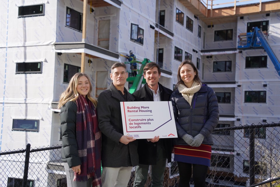 Left, Diamond Head Development marketing manager Jenna Bowerman, Diamond Head Development president Jason Wood, Member of Parliament for West Vancouver—Sunshine Coast—Sea to Sky Country, Patrick Weiler and 鶹Community Housing Society executive director Sarah Ellis.                           