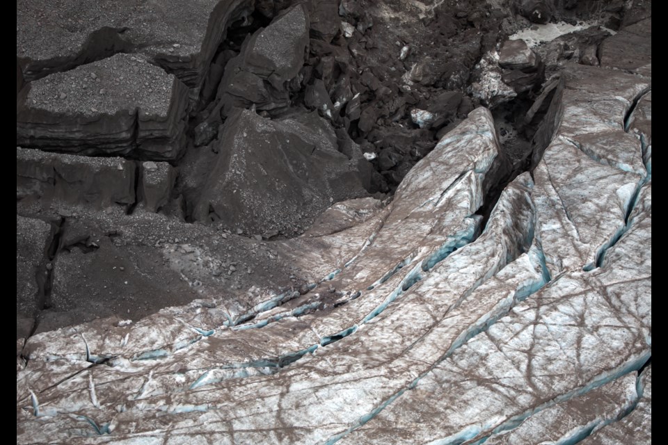 Jordan Uittenbogaard captured these photos through the front of the helicopter on Sept 11. They show the Glacier North of the Opal Cone. It is named the Lava Glacier on some maps. The drainage flows to the headwater of Zig Zag Creek, which then flows into Skookum Creek and then the Mamquam River. All of the turbid water in the Mamquam at present is coming from this source.