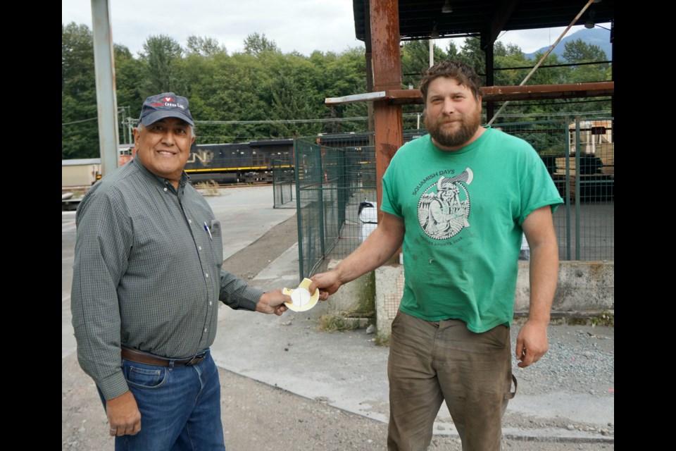 Singh Biln and Kirby Read, near where the small plate was dug up in the railyard.               