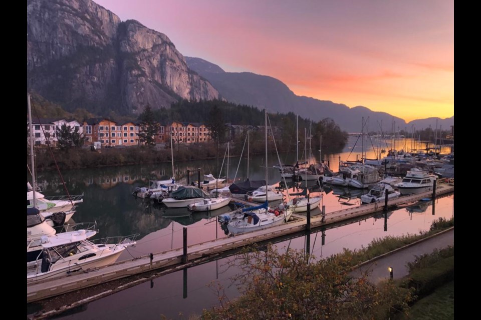 The Squamish harbour at sunset as seen from Marine Estates. 