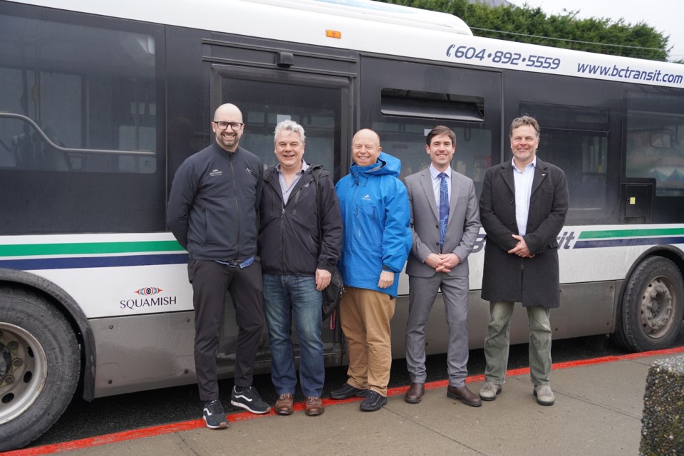 Left to right, District of Squamish Mayor Armand Hurford, Town of Gibsons Mayor Silas White, Resort Municipality of Whistler Mayor Jack Crompton, West Vancouver–Sunshine Coast–Sea to Sky Country MP Patrick Weiler and West Vancouver-Sea to Sky MLA and interim leader of the BC Greens Jeremy Valeriote.                         