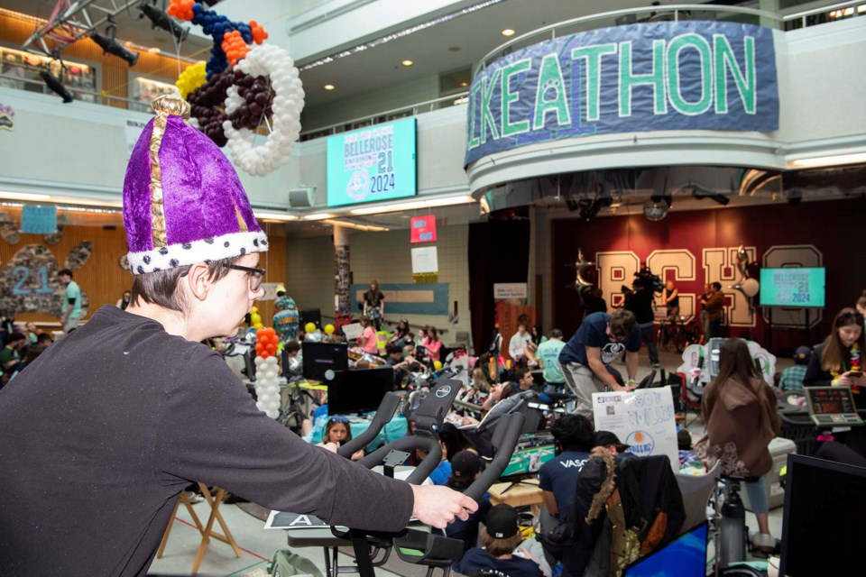 QUESTING FOR A CURE — Bellerose Grade 11 student Joseph Friesenhan sports a crown-like cap as part of the D&D-themed Dicing Knights team during the 2024 Bellerose Bikeathon, which commenced March 6. The event saw some 530 students ride bikes for 48 hours to raise money for cancer treatment and research. KEVIN MA/St. Albert Gazette