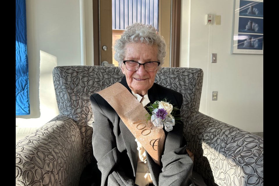 Gerda Link wears a birthday tiara and sash to celebrate turning 100 on Feb. 1. MARIE-JEANNE SAPORITO/Photo