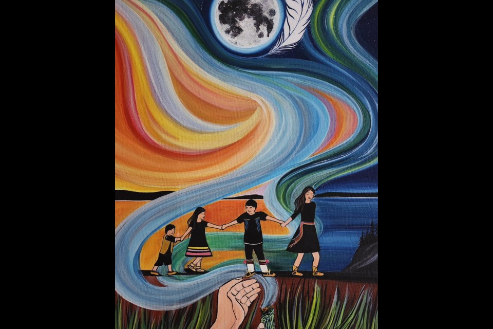 Linda M. Wright paints Dancing, Playing, Learning and Growing in a swirl of bold colours and symbolism. Her art will be featured at St. Albert downtown public library until June 26. 