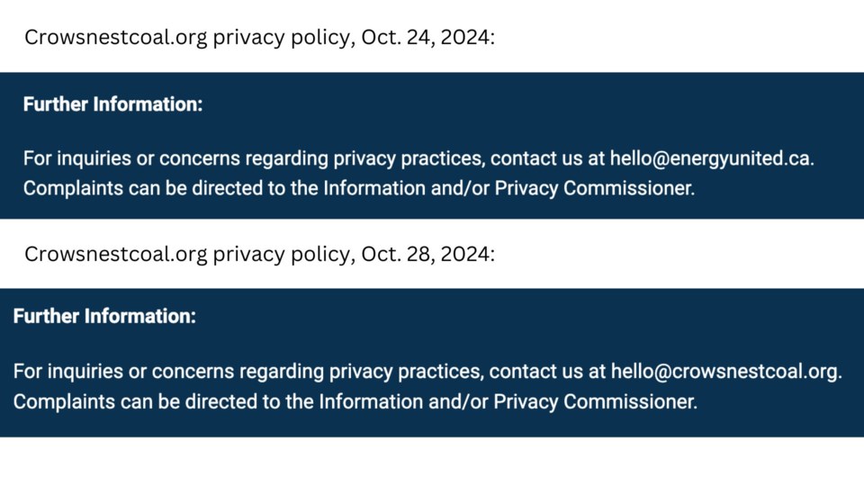 Screenshots of the crowsnestcoal.org website showing removal of references to lobby group Energy United from the websites privacy policy.