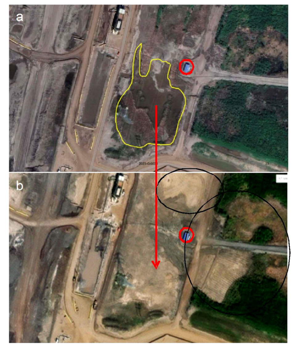 Before and after images of a tailings spill reclamation at a CNRL site shows the loss of 6,500 square metres of wetlands.