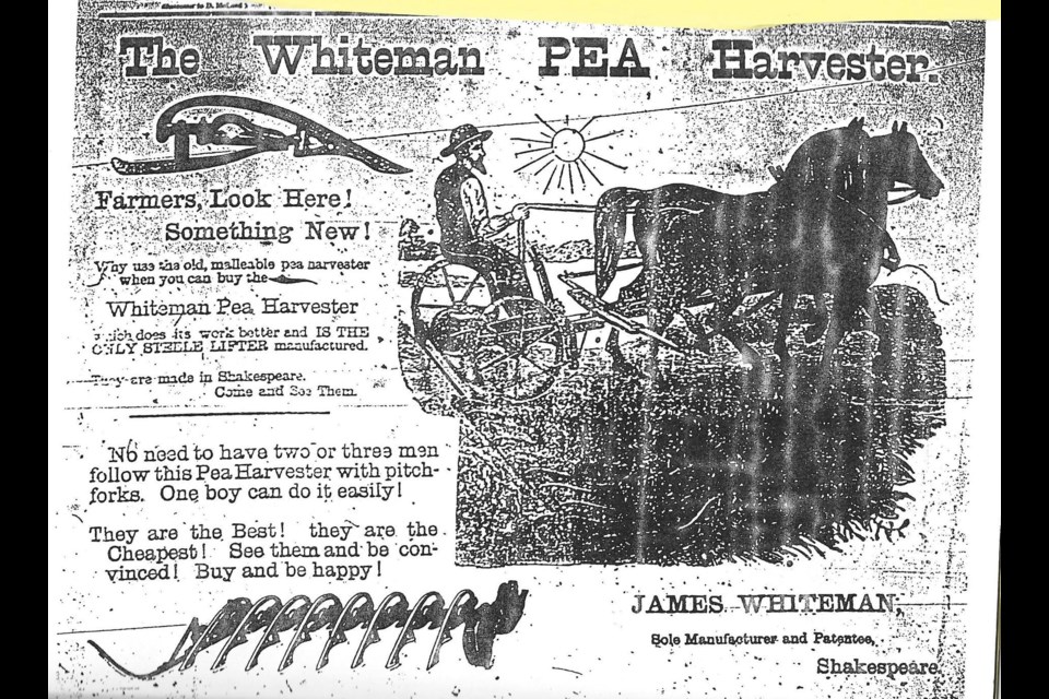 A newspaper ad for the pea harvester, one of the more innovative inventions of the era.