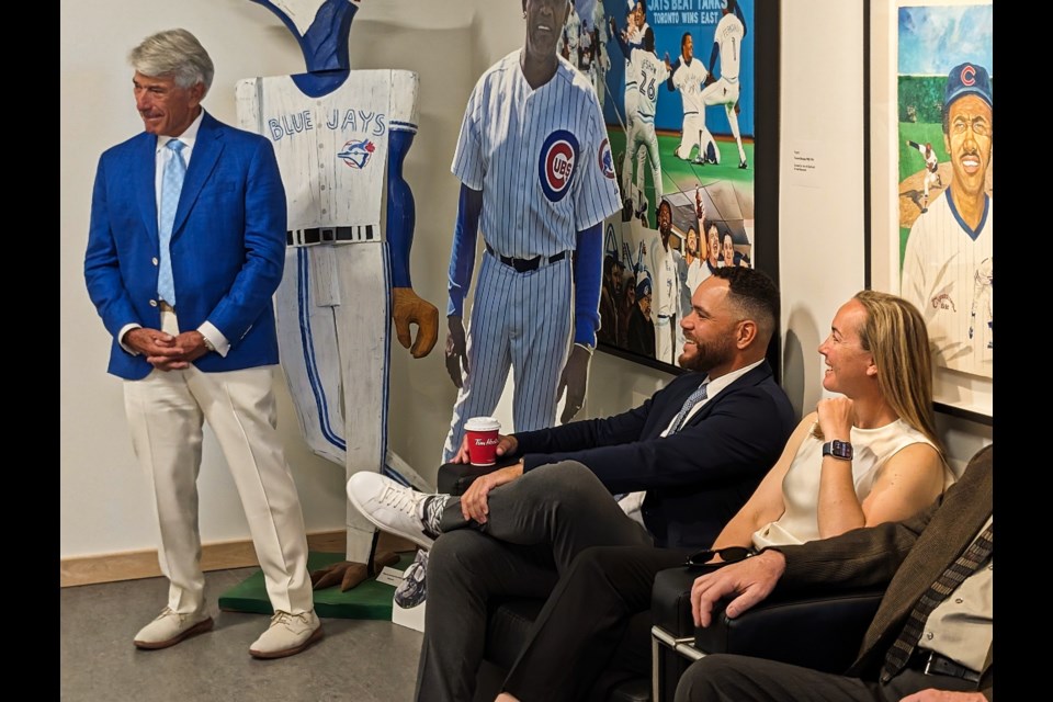 Buck Martinez, Russell Martin and Ashley Stephenson during the introductory press conference at the Canadian Baseball Hall of Fame induction weekend June 15.