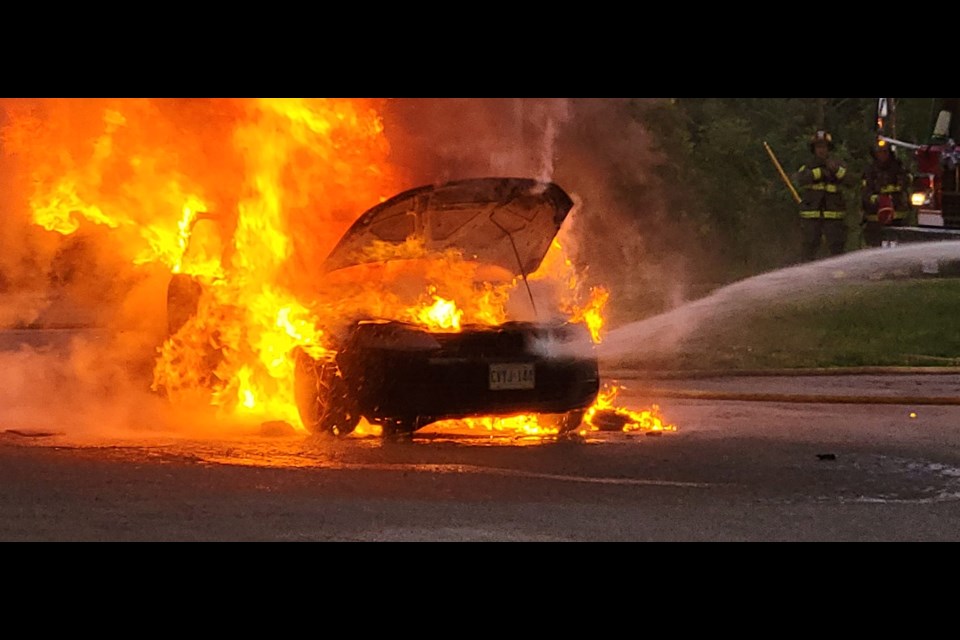 A vehicle was in flames on Tuesday night in Stratford. Photos courtesy of Al Hamberg. 