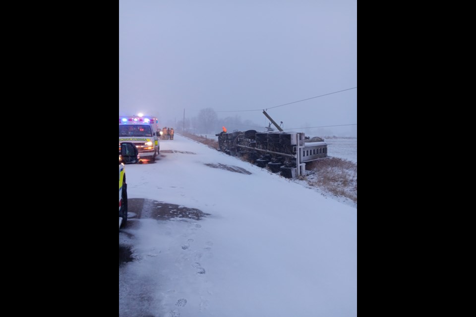 A transport truck had been travelling west on Perth Road 130 approaching Line 26 when it slid from the roadway and struck a hydro pole and transformer.