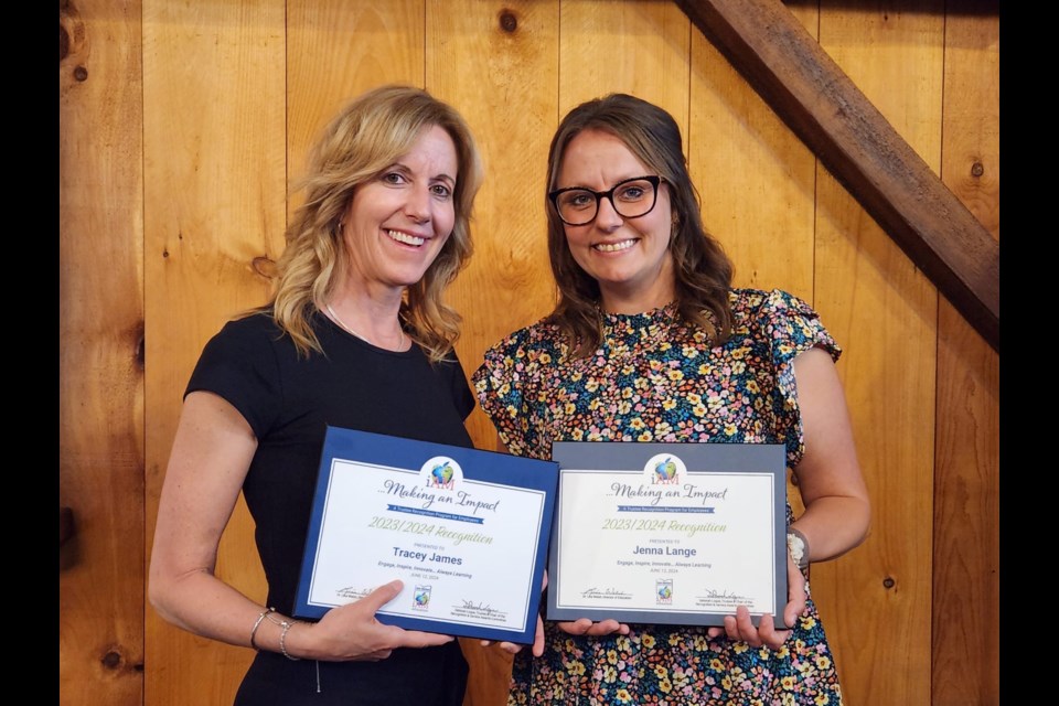 Tracey James Britton, left, and Jenna Lange have been recognized by the AMDSB trustees for their work engaging students. (Tracey James Britton photo)