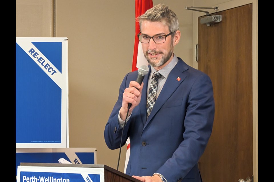 Matthew Rae, re-elected in Perth-Wellington, delivers remarks to his supporters in Mitchell Thursday night.