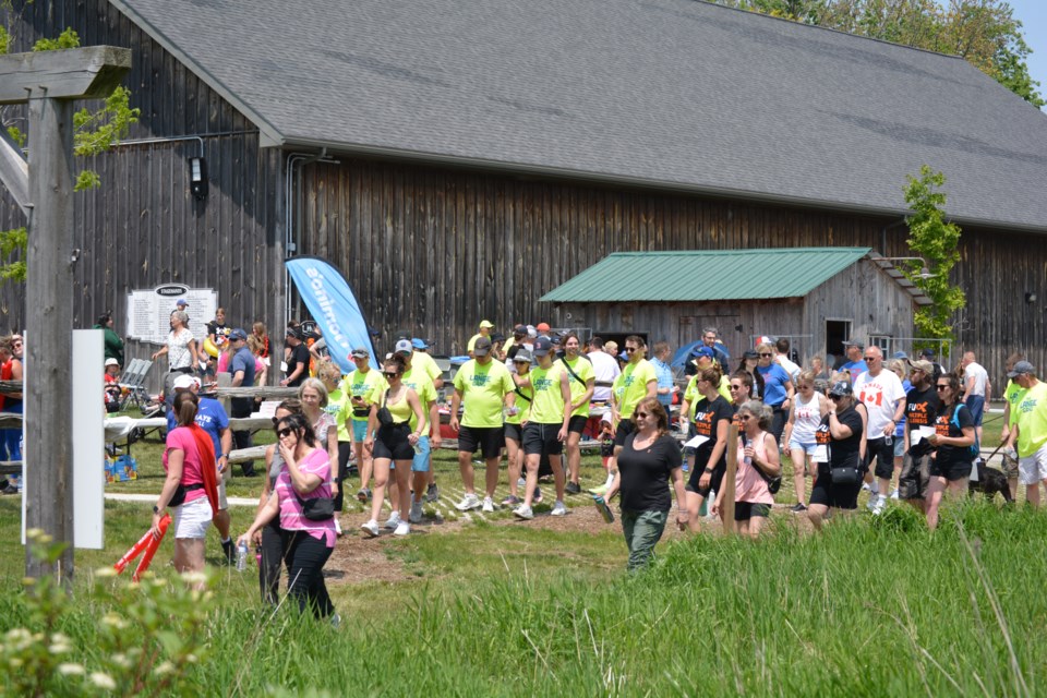 The crowd gathers to start the 2023 Stratford MS Walk at the Stratford Perth Museum.