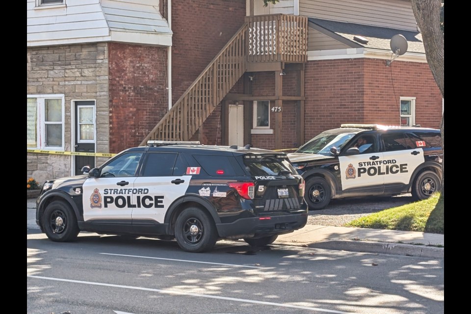 Two Stratford Police cruisers sit outside the scene of an early-morning homicide at 475 Ontario Street. A 41-year-old suspect was taken into custody, and a 35-year-old woman died at Stratford General Hospital as a result of the shooting.