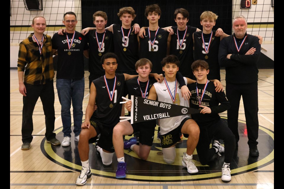 The SDSS senior boys volleyball team capped their back-to-back title runs with a 3-0 match win over the St. Mike's Warriors in the final. Pictured are MJ White, Harrison Robinet, Sam Binns, Owen Blain, coach Teddy Gough, coach Mark Cassone, Caden Diehl, Josh Boyd, Tyson Cassone, Edmund Sauder, Ryan Cassone and coach Chris Parsons.