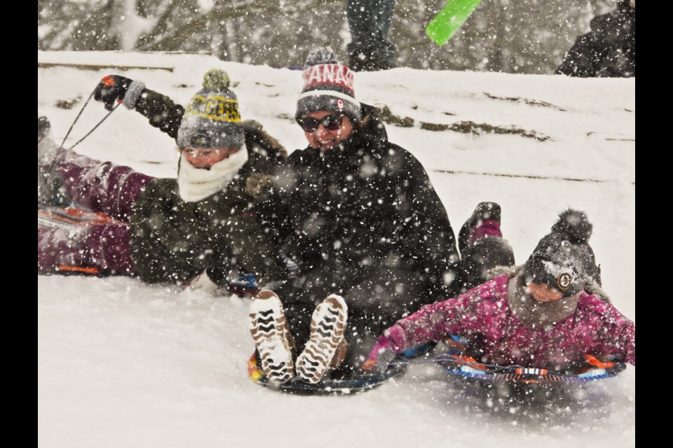 Just off the start and it's already going sideways... figures! Kids young and old were taking full advantage of the snowy conditions Friday, Jan. 3, to go sledding down the hill behind Stratford Intermediate School.         