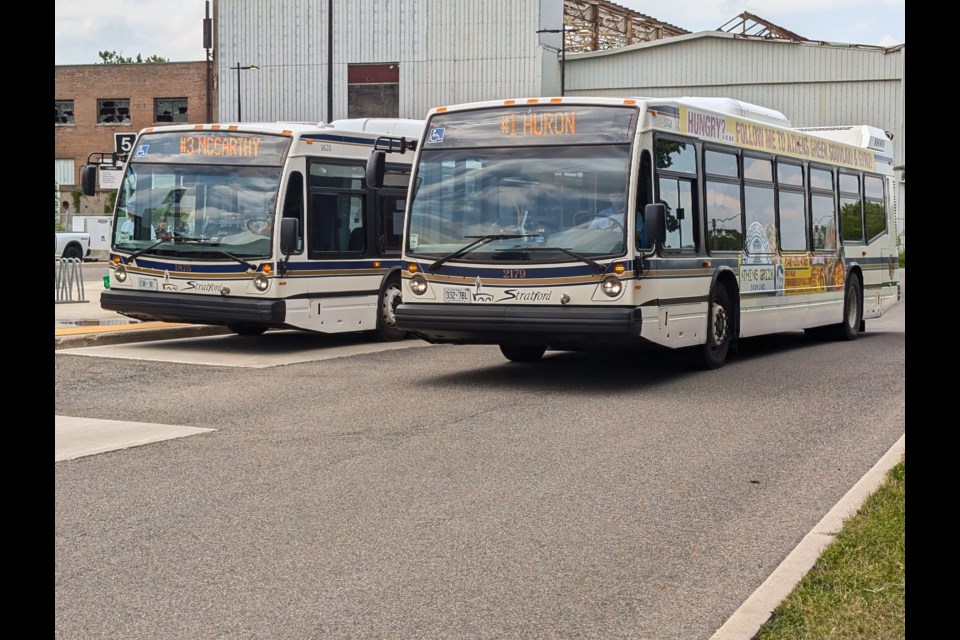 Diesel buses like these could be a thing of the past if Stratford's plans to electrify its transit fleet is realized. Their application is currently under review by the federal ZETF.