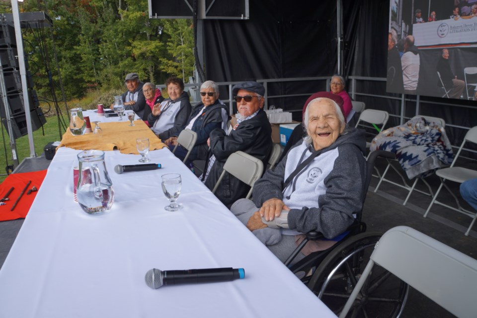 Seen here as they receive thanks and a gift for their work with the Robinson Huron Treaty Litigation team are the elders of the Robinson Huron lands. Closest to camera is Irene Makedebin, Irvin Majaki, Rita Corbiere, Leona Nawegahbow, Margaret Toulouse, and Nelson Toulouse. Not pictured but honoured at the gathering: Irene Stevens-baa, Fred Kelly and Mary Ann Corbiere, Stephen George.                