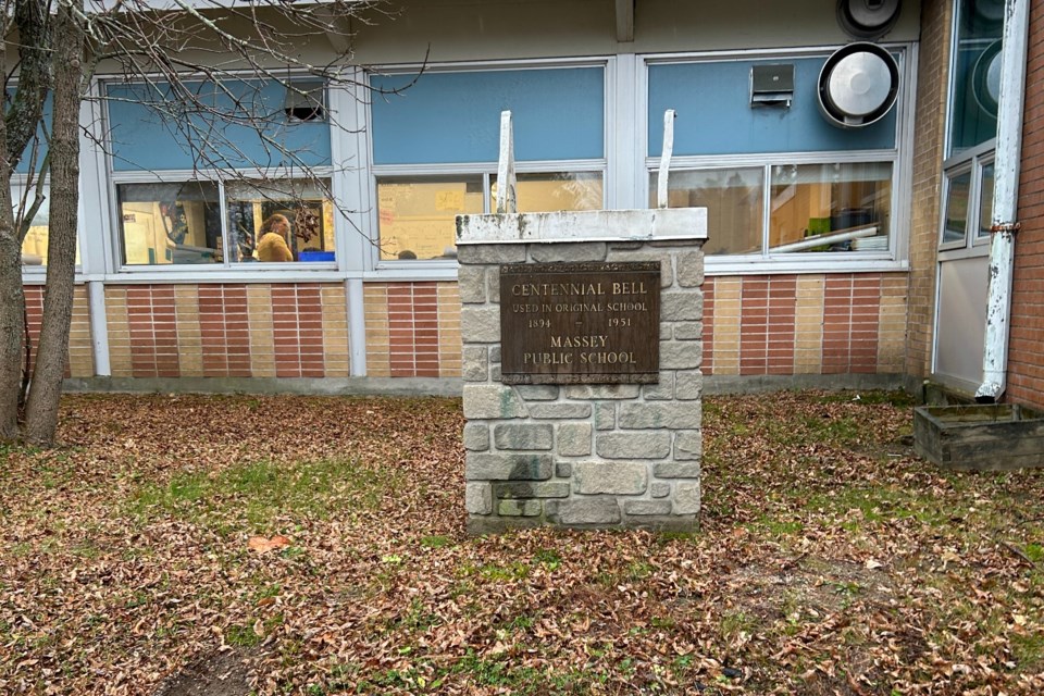 Where the bell should be outside of S. Geiger Public School in Massey.