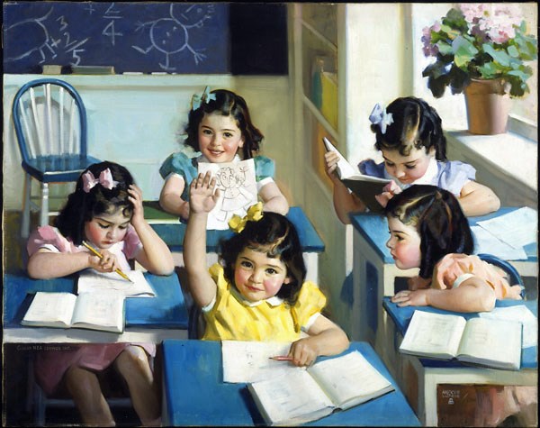 In 1938, one of the 20th century’s most influential illustrators, Andrew Loomis, unveiled this painting, entitled “Dionne Quintuplets – School Days.”