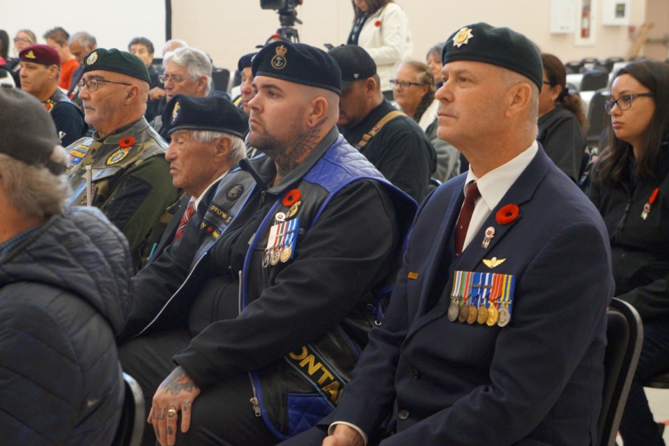 Several members of the Sudbury Veterans Peer Support Network can be seen here at the Indigenous Remembrance Day ceremony at Atikameksheng Anishnawbek on Nov. 8. 
