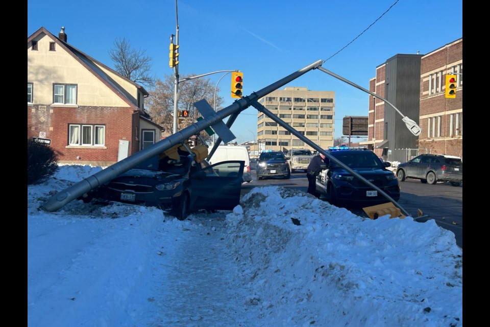 A car collided with a light post on Arthur Street and Vickers Street South on March 3, 2025.