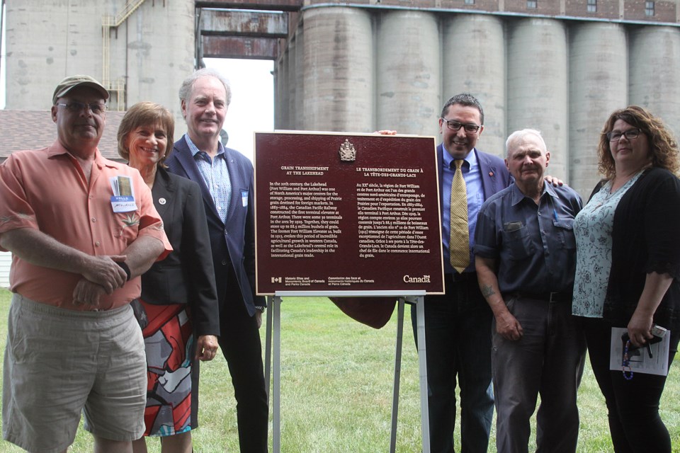 The Historic Sites and Monuments Board of Canada and Parks Canada's plaque commemorating the national historic significance of grain transshipment at the Lakehead was unveiled on Wednesday, June 27, 2018. (Matt Vis, tbnewswatch.com)