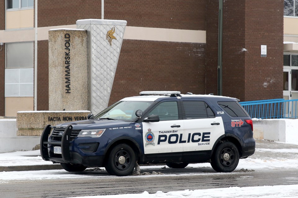 Thunder Bay Police on Friday, April 12, 2019 investigate another anonymous threat made against Hammarskjold High School. (Leith Dunick, tbnewswatch.com)