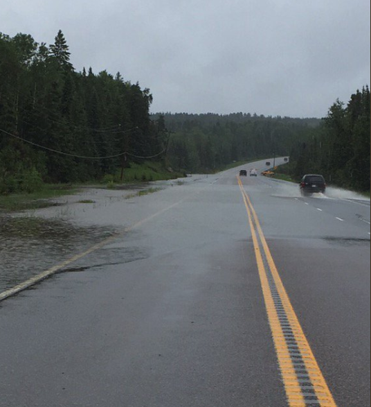 OPP released photos Wednesday showing Highway 17 covered in water in the Vermilion Bay area (OPP/Twitter)