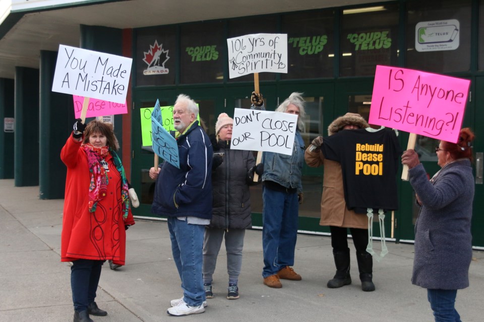 Advocates calling on city council to save Dease Pool held a demonstration outside a public consultation session on the future of the site on Saturday. (Photos by Doug Diaczuk - Tbnewswatch.com). 