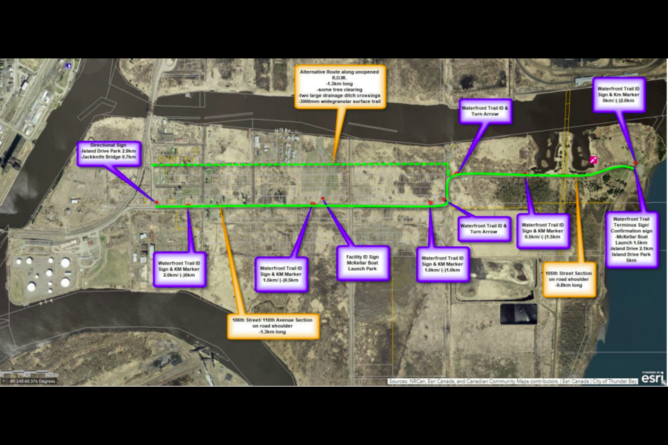 A city of Thunder Bay image indicates planned additions of a multi-use trail along 106th and 105th streets, leading to the Mission Marsh Conservation Area. (City of Thunder Bay)