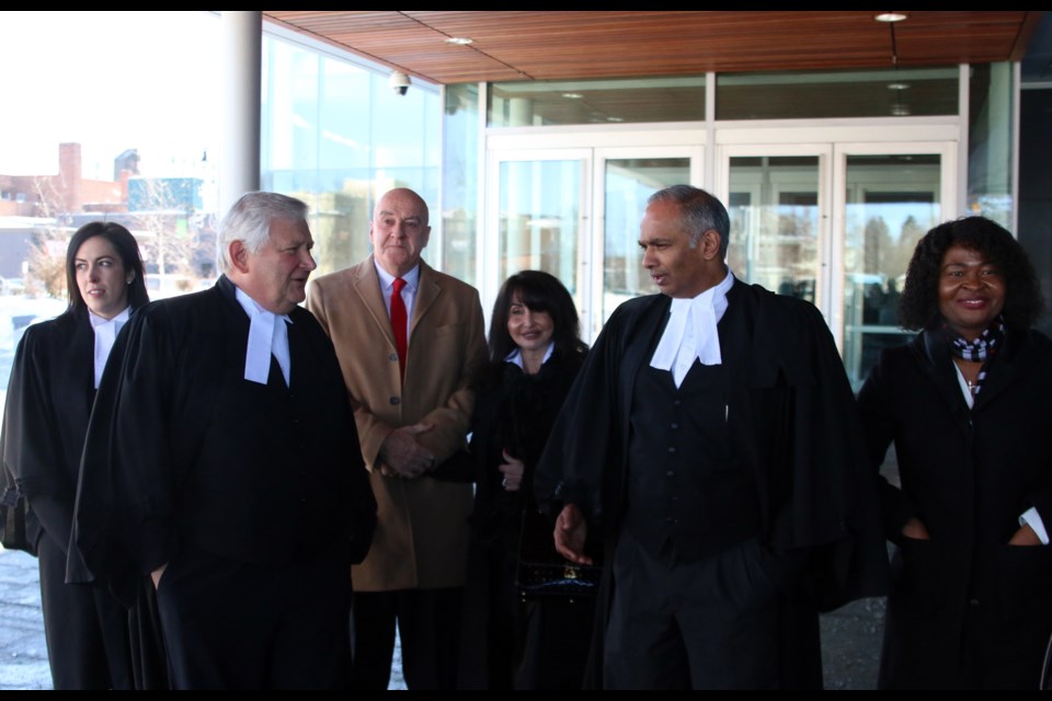 From left to right: Naomi Lutes, Brian Greenspan, Keith Hobbs, Marisa Hobbs, George Jospeh, and Mary Voss outside the Thunder Bay Courthouse on Thursday. (Photos by Doug Diaczuk - Tbnewswatch.com). 