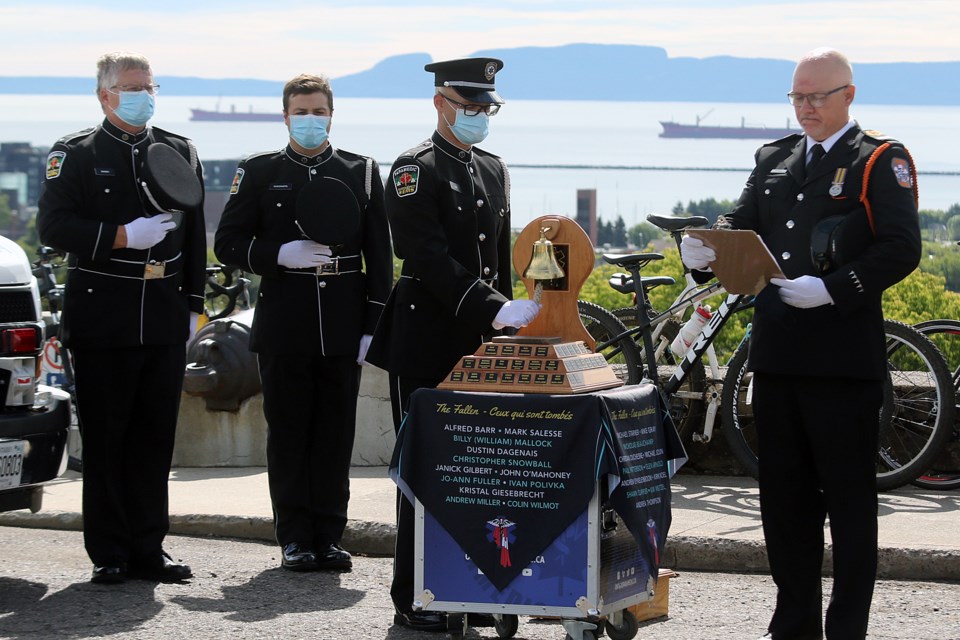 Paramedics held a bell ceremony on Wednesday, July 22, 2020 to honour fallen colleagues across Ontario. (Leith Dunick, tbnewswatch.com)