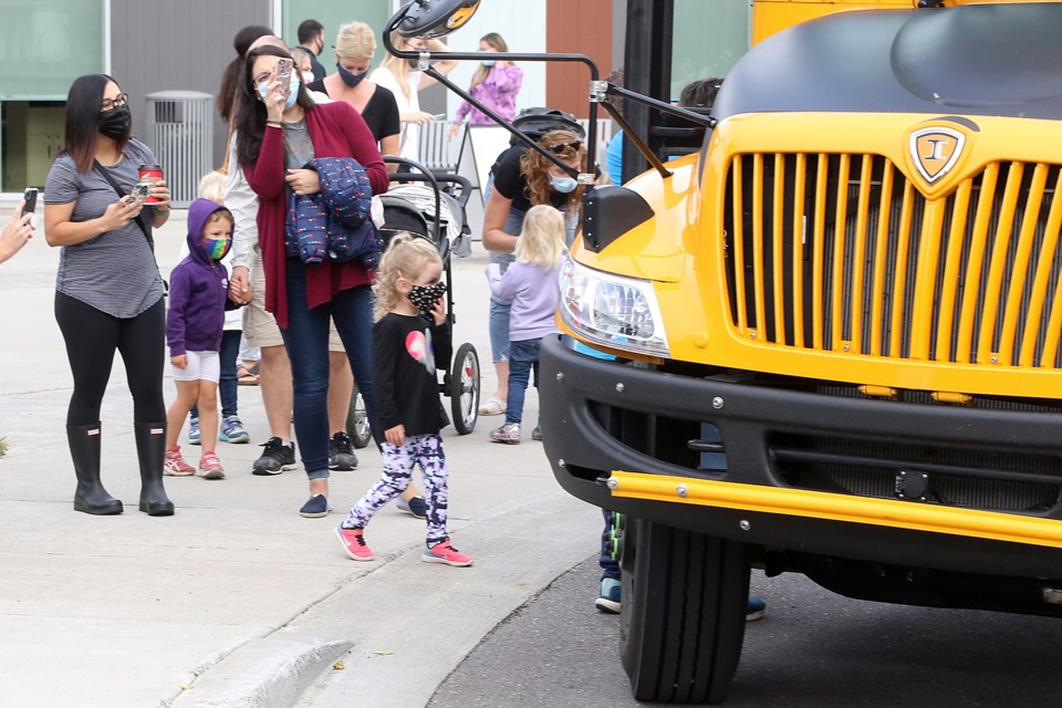 About 415 junior kindergarten students took part on Saturday, Aug. 28, 2021 in the First Rider Program, designed to help familiarize youngsters and their parents about riding the bus to school. (Leith Dunick, tbnewswatch.com)