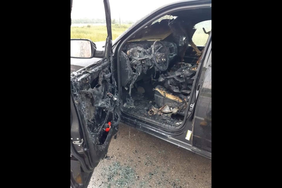 The interior of Andy Agarand's pickup truck was destroyed after a lightning strike caused it to catch fire on Aug. 9, 2021 (Richer Fire Dept/Victoria RW/Facebook)