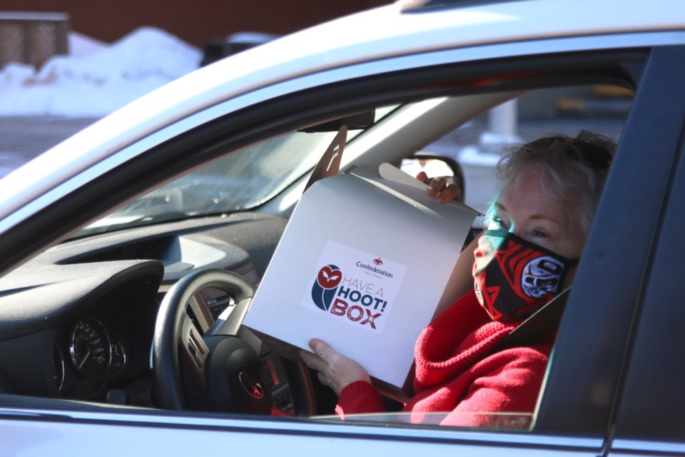 Fundraising consultant, Bonnie Moore, was excited to receive her Have a Hoot box as part of Confederation College's Community Partners' event. (Photos by Doug Diaczuk - Tbnewswatch.com). 