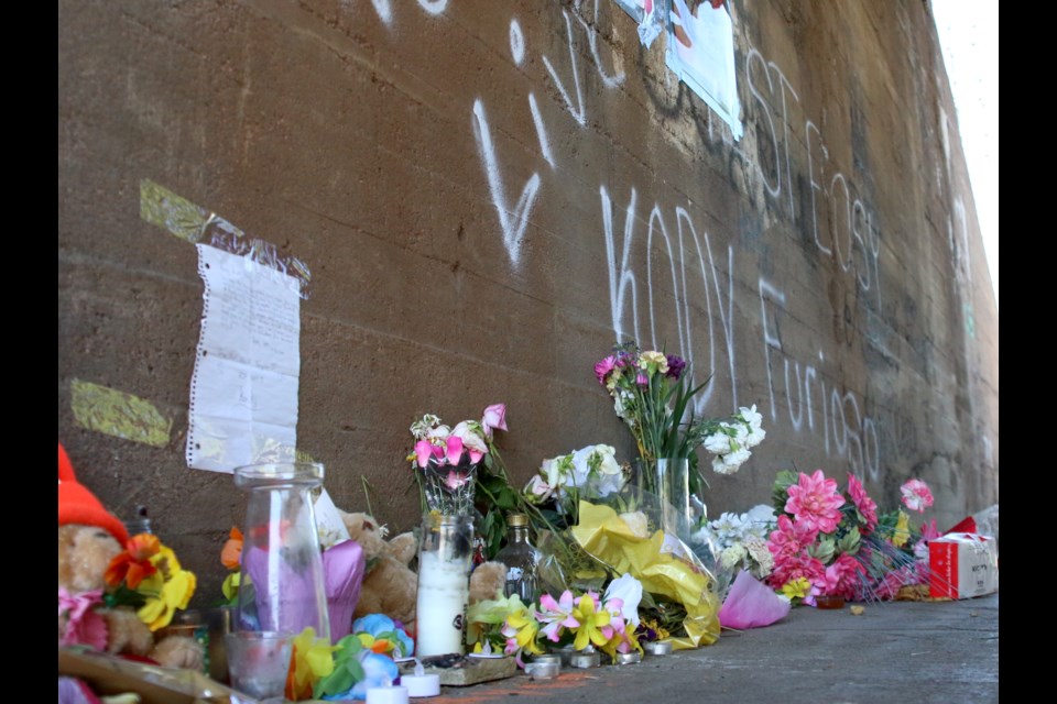 A makeshift memorial has been set up at the underpass on South James Street where 16-year-old Kody Furioso died following a violent altercation on June 29. (Photos by Doug Diaczuk - Tbnewswatch.com). 