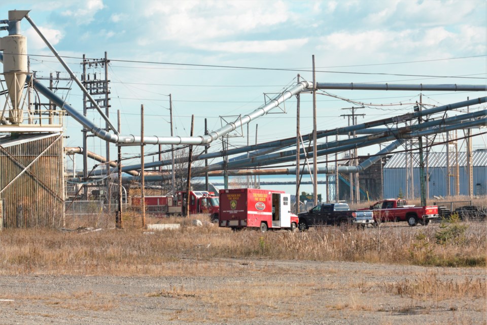 Thunder Bay Fire Rescue is investigating a fire that broke out Monday at the former Great West Timber site. (Photos by Ian Kaufman, TBNewswatch)